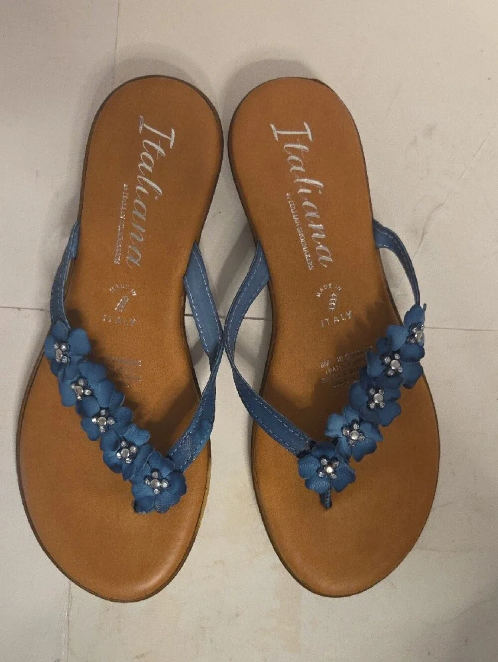 Italian Shoemakers Blue Floral Toe-Post Sandals with Crystal Centers